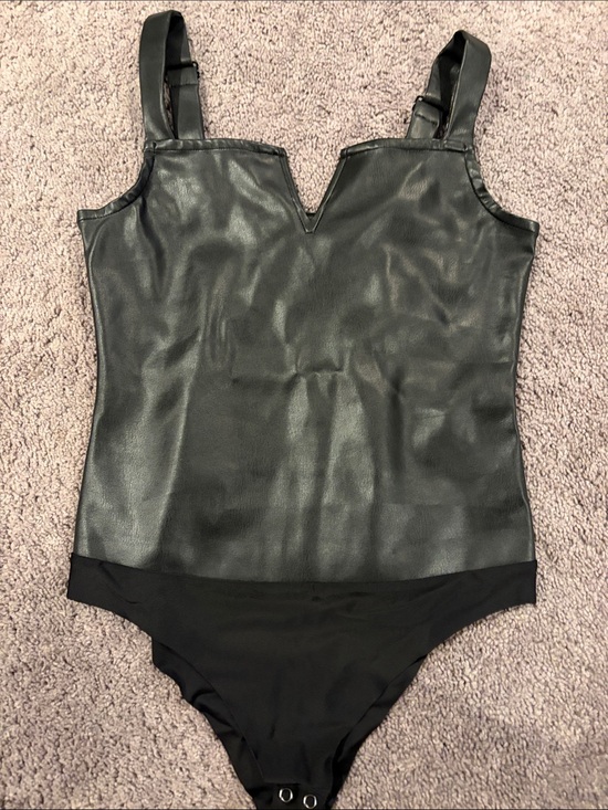 BB Dakota Tops - Black Faux-Leather One-Piece Bodysuit